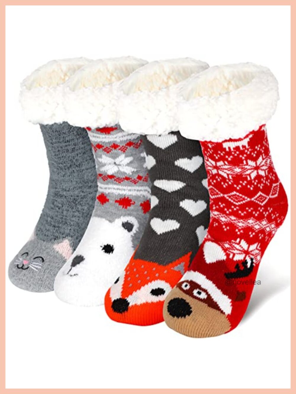 Fuzzy Slipper Socks with Grip, 4 Pairs, Fleece Lined, Non-Slip, Christmas